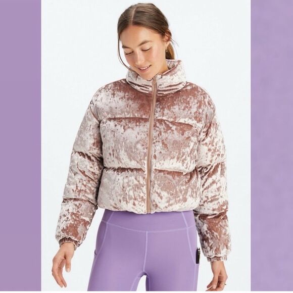 Fabletics  Wander Crushed Velour Cropped Puffer Jacket NWT Size Large Neutral - Picture 1 of 9